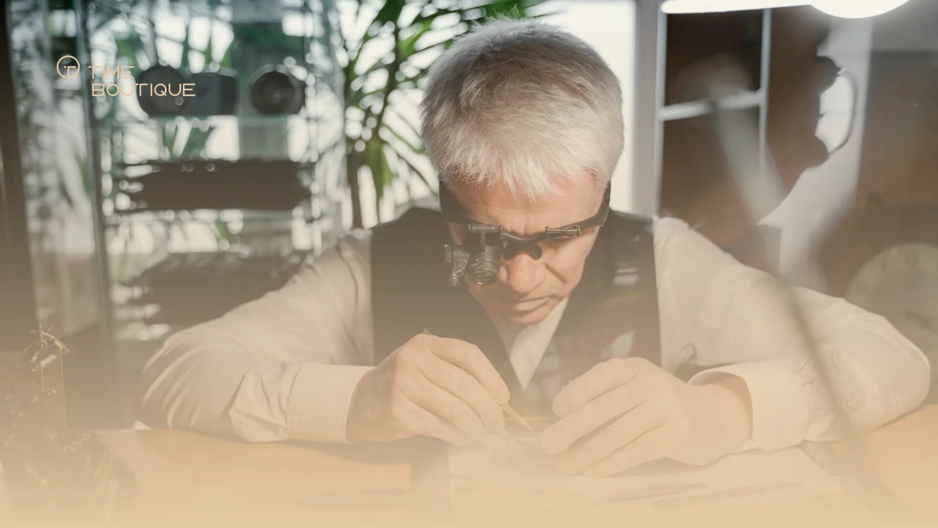 Watchmaker inspecting a watch with a loupe at the bench